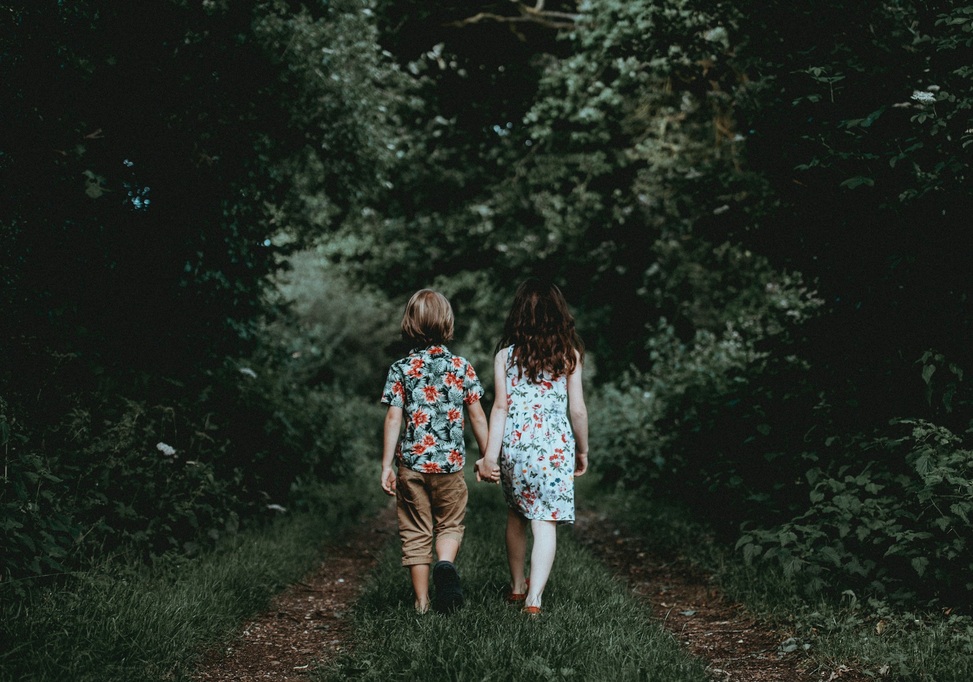 twee kinderen lopen door het bos